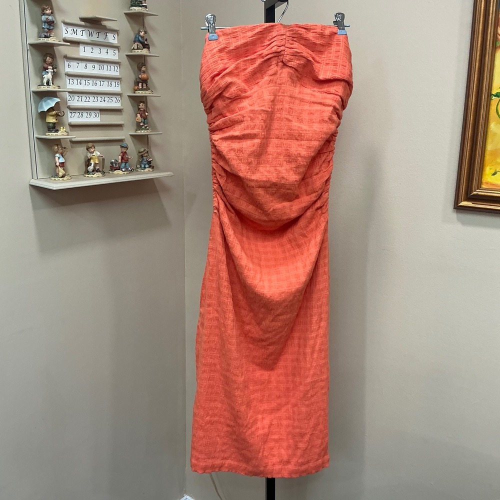 Free People Brandie Midi Dress Strapless Ruched L Orange Textured OB1661891